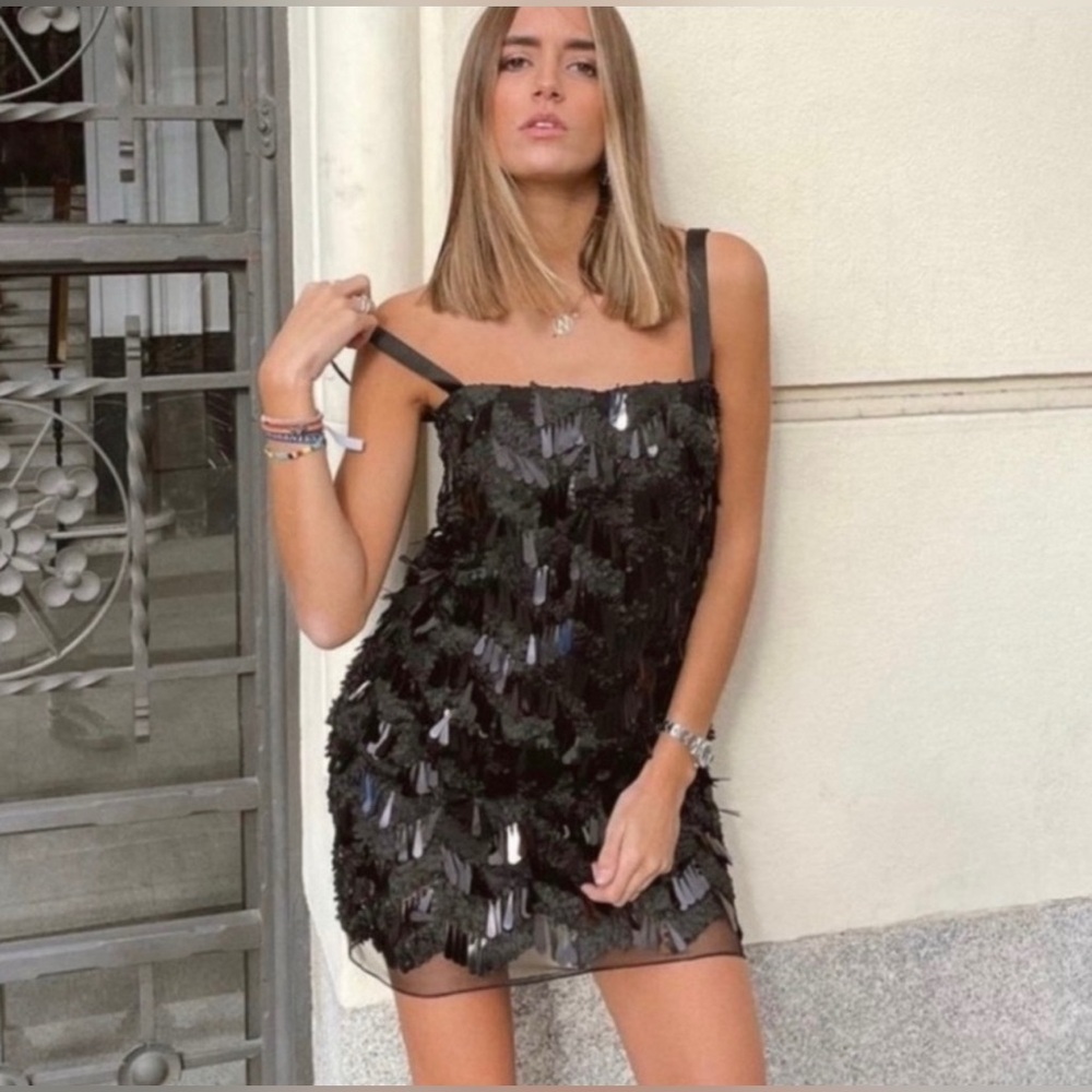 NWT Zara Sequin Mini Black Dress Bloggers Fav